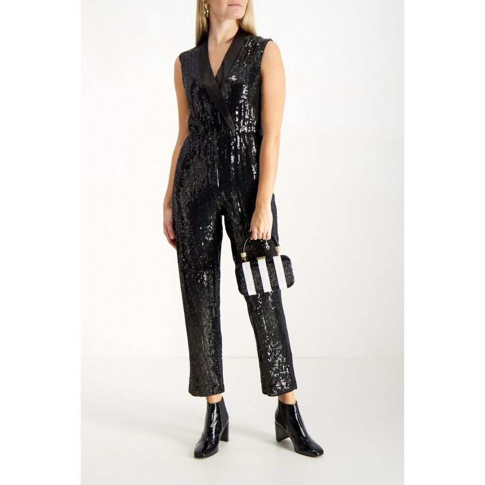 NWT Alice + Olivia Sequins V Neck Shawl Satin Collar Pant Jumpsuit Black Size 2